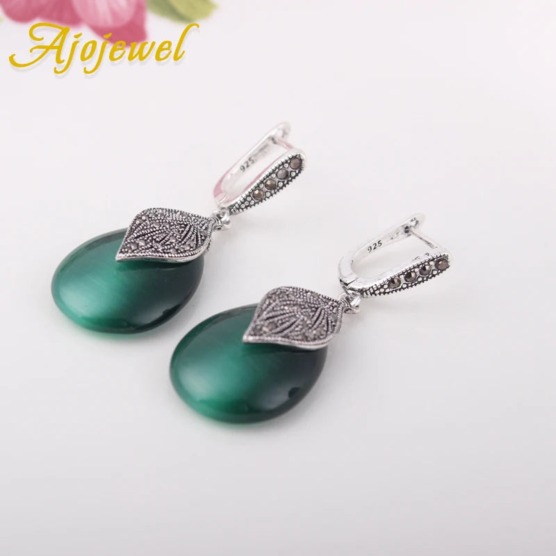 Ajojewel Green Stone Earrings Vintage Black Rhinestone Leaf Drop Earrings For Women Anniversary Party Jewelry Fine Gift