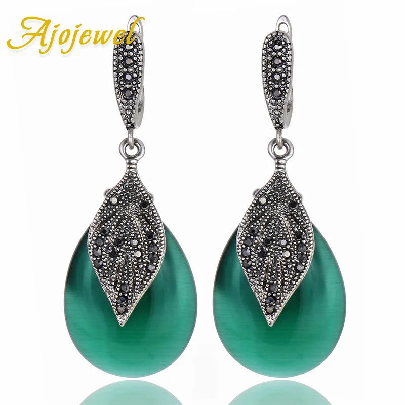 Ajojewel Green Stone Earrings Vintage Black Rhinestone Leaf Drop Earrings For Women Anniversary Party Jewelry Fine Gift